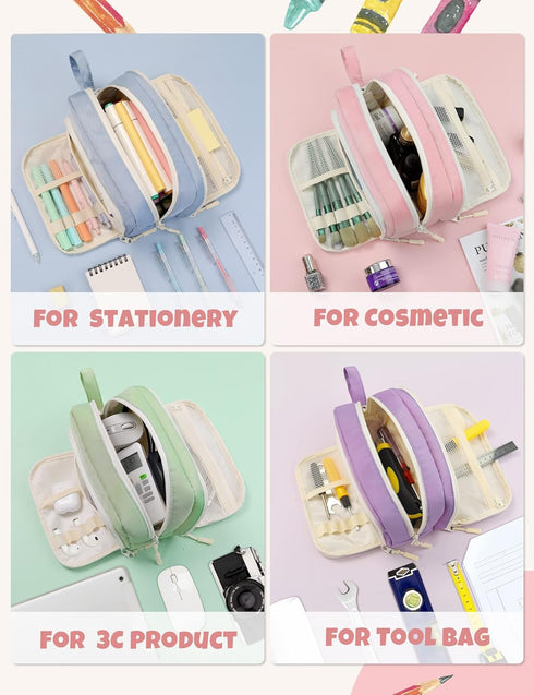 SUNEE Cute Pencil Case - Aesthetic Pen Pouch with 3 Compartments, Kawaii Colored Large Pencil Bag with Zipper, Pink