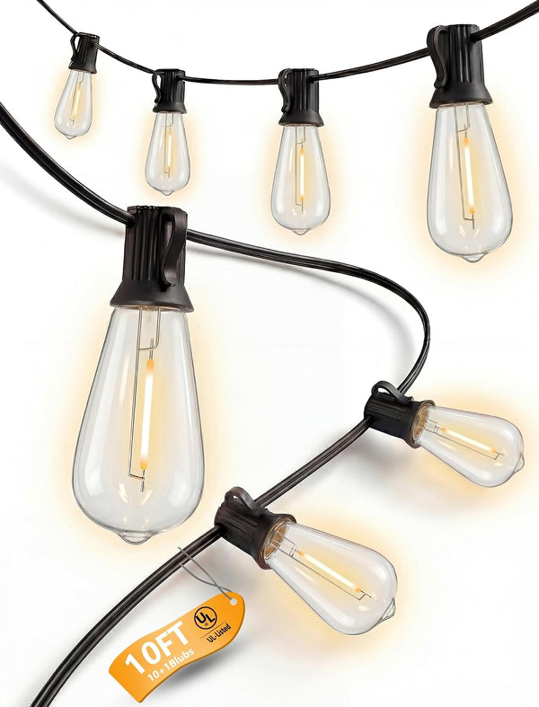 10FT Outdoor String Lights, ST40 Shatterproof Vintage Edison Bulbs, Black Cord Waterproof