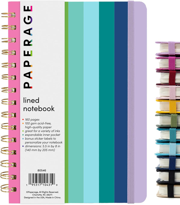 PAPERAGE Lined Spiral Journal Notebook, Rainbow Stripe, 160 Pages, Medium 5.5 inches x 8 inches, 100 GSM Thick Paper,