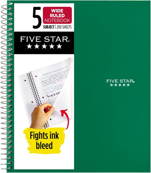 Five Star Spiral Notebook, 5 Subject, 200 Sheets, Wide Ruled, Water Resistant Cover, 8" x 10-1/2", Green