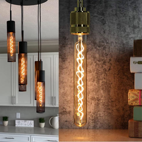 Leools Vintage LED Spiral Filament Bulb T10, 8.9inch Long Tubular Dimmable Edison Light Bulbs,E26 Base,Amber Glass,Warm White,2200K, 400LM(40W Equivalent), Pack of 4 by Leools