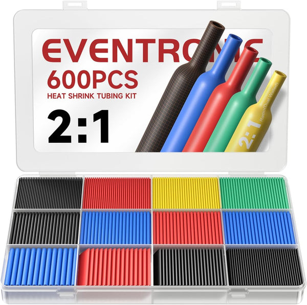 Eventronic 600PCS Heat Shrink Tubing 2:1, Electrical Wire Cable Wrap Assortment, 5 Colors/12 Sizes, with Box