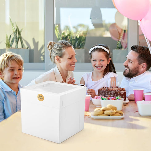 12Pcs Tall Cake Boxes with Window, 12x12x12 Inches, White Disposable Carrier Container for Multi-Layer Cakes, Bakery