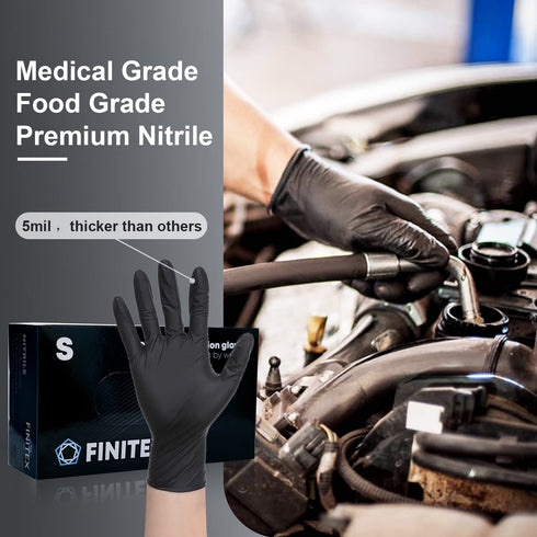FINITEX Black Nitrile Disposable Gloves - 5mil Powder-free Medical Exam Gloves, 100 PCS (Small)