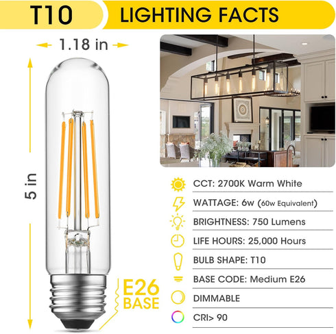 Dimmable E26 Edison Bulb, AC120V Warm White 2700K Light Bulbs, 6W, Equivalent 60W, 750LM, 5 Inch Long Tubular T10 LED Bulbs for Rustic Pendant, Chandeliers, Wall Sconces, Vanity, Pack of 6 by Gozelux
