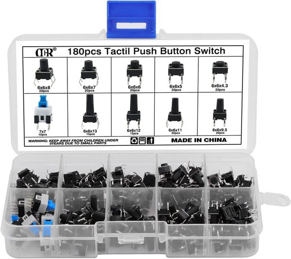 OCR 180Pcs Assortment Kit of 6x6mm Micro Momentary Tactile Push Button Switches, 10 Values