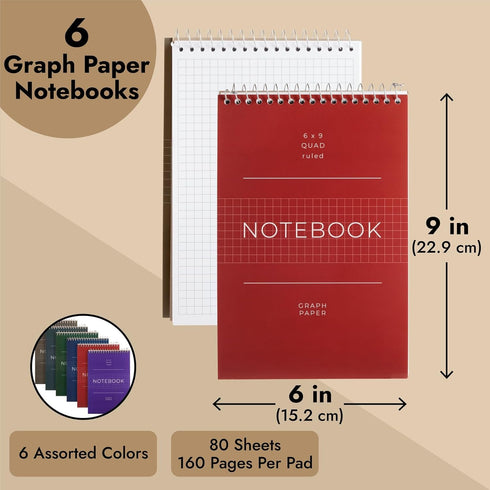 Juvale 6 Pack Top Bound Spiral Graph Paper Notebook, 6x9 Inch, 80 Sheets / 160 Pages, 6 Colors for Writing, Sketching