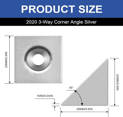 8pcs 2020 2-Way Corner Angle Bracket Connector 2020 Extrusion Hardware T-Slot V-Slot Accessories with Screws and Nuts for 2020 Aluminum Extrusion Connector 3D Printer Accessories Silver