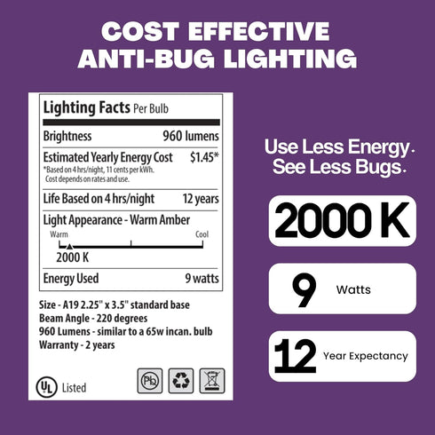 Norb Bug Reduction Light Bulb, 9W LED, Indoor/Outdoor Amber Lights, Anti Bug, 4-Pack for Garage, Porch, Patio
