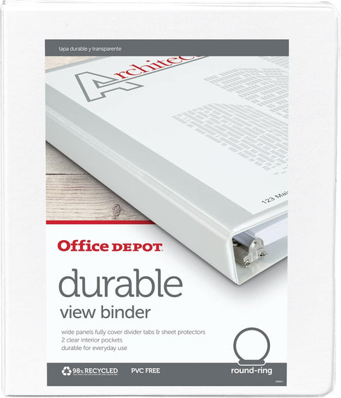 Office Depot Nonstick Round-Ring View Binder, 1/2in. Rings, 100% Recycled, White