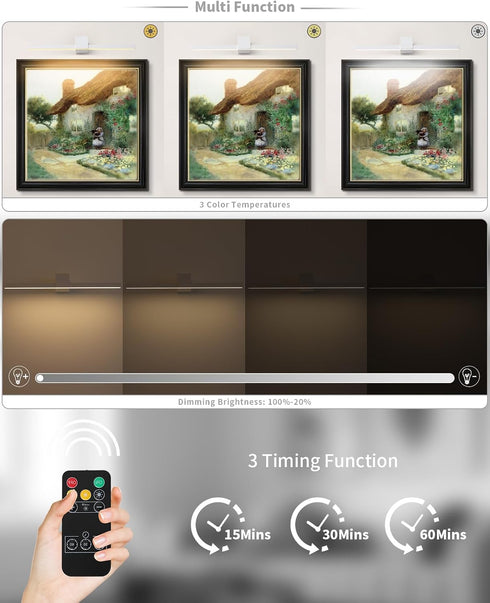 15.7 inch Dimmable White Battery Operated Picture Light with Remote,Wireless Gallery Lights White Rechargeable Display