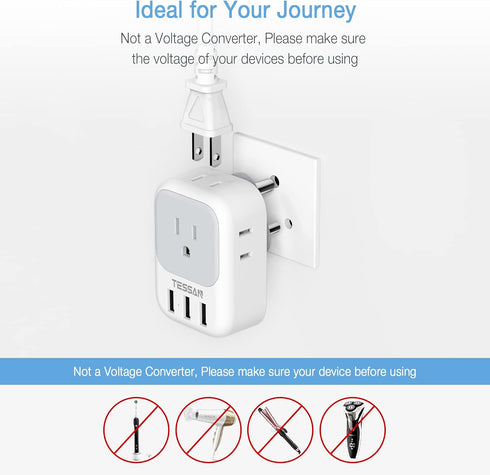 TESSAN US to India Plug Adapter, 7 in 1 Power Adapter with 4 AC Outlets, Travel Adaptor for USA to India