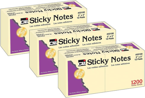 Charles Leonard Sticky Notes, 3 x 3 Inch, 100 Sheets/Pad, Yellow, 12 Pads Per Pack