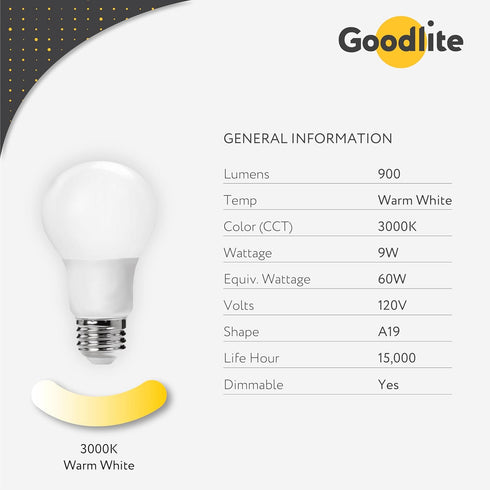 Goodlite G-83346 A19 9W Dimmable Warm White 3000K