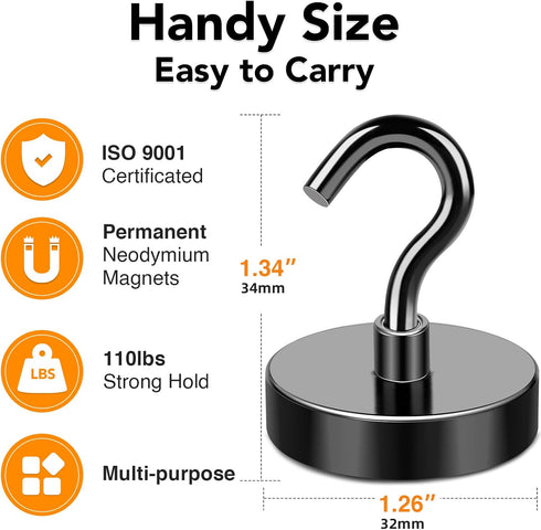 MIKEDE Heavy Duty Magnetic Hooks 4 Pack, 110LB+ Super Strong Neodymium Earth Magnets for Hanging Storage