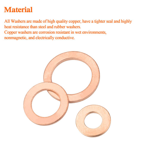 Copper Washers - 150PCS Assortment Kit with 8 Sizes Copper Metric Sealing Flat Washers