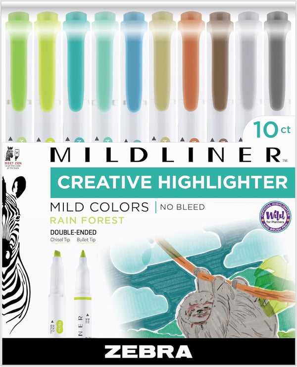 Zebra Pen Mildliner Double-Ended Highlighter Set, 10-Pack Assorted Rainforest Ink Colors, Broad and Fine Tips