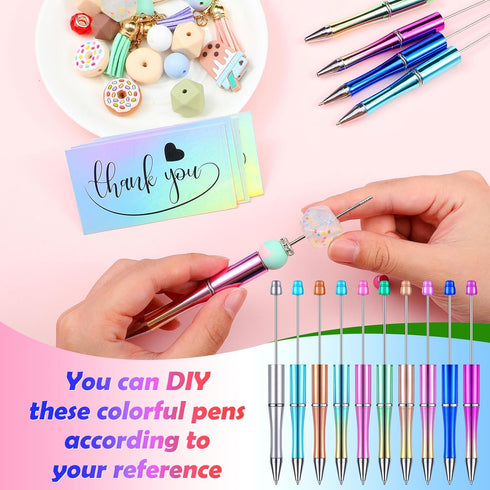 Yeaqee 150 Pieces Beadable Pens Kit, 50 Pieces Colors Plastic Beaded Ballpoint Pens, 50 Pieces Foil Thank You Cards