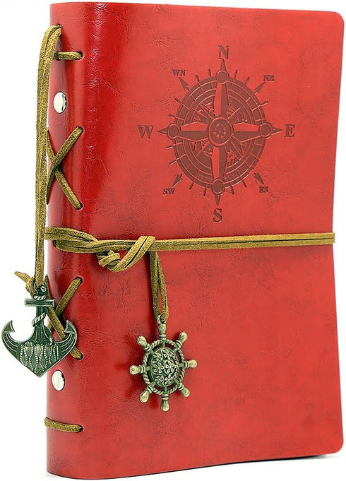 EvZ Leather Writing Journal Notebook, 7 Inches Vintage Nautical Spiral Blank Diary Notepad, Red.