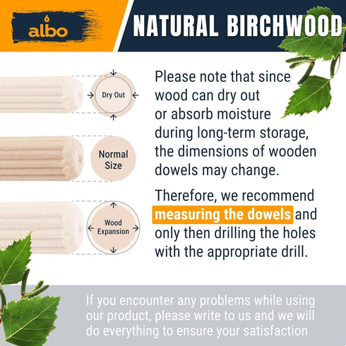 ALBO Wooden Dowel Pins - 1/4 x 1-1/4 inch Fluted Wood Dowels, 200 Pack for Crafts