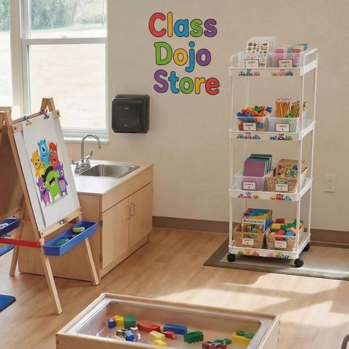 4 Tier Classroom Rolling Cart Storage Utility Cart with Handle Hook, Monster Value Cards and Adhesive Dots Movable