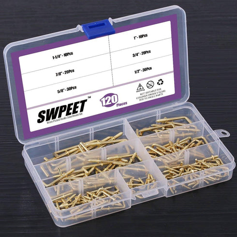 Swpeet 120Pcs Gold Brass Plated Metal Screw-in Square Bend Hooks Kit - 6 Sizes for Home Workplace Office
