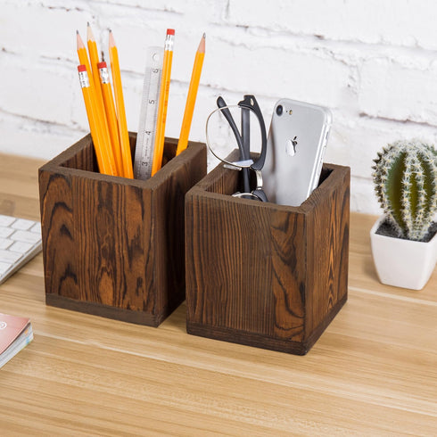 MyGift Set of 2 Natural Grain Wood Desktop Pen Holder, Pencil Holder Cup, Office Desk Organizer