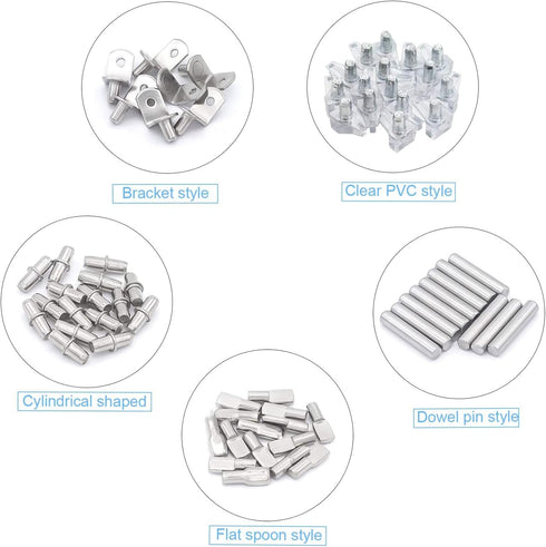 DYWISHKEY 5 100PCS Styles Shelf Pins Kit, Nickel Plated Shelf Bracket Pegs Cabinet Furniture Shelf Pins Support