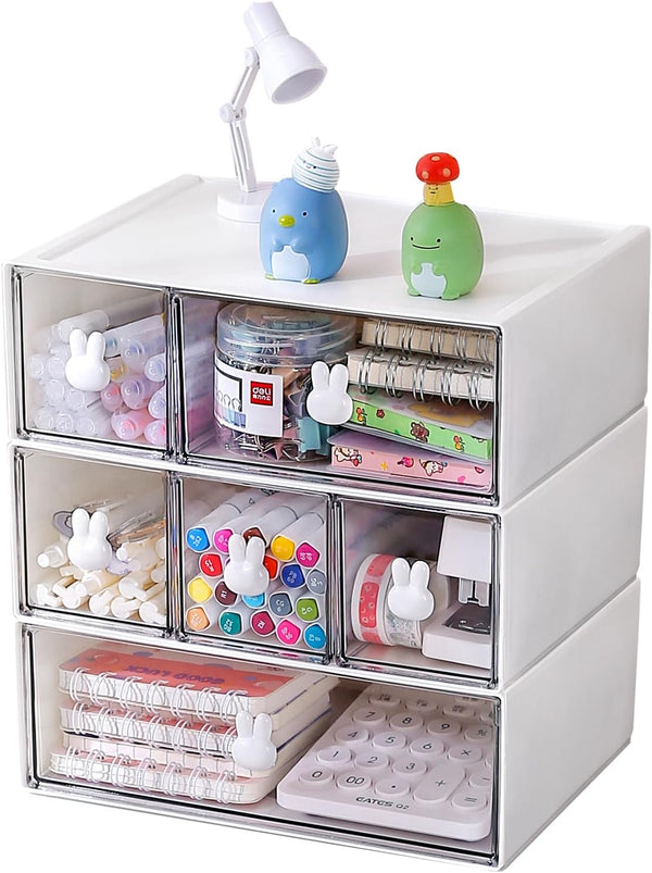 Plastic Desk Organizer with 3 Tier Drawers, Stackable Storage for Office, 6 Drawers
