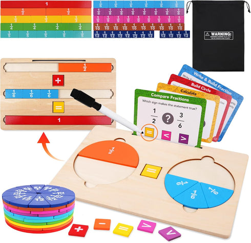 Set, K-3 PINKPEACH Wooden Fraction Tiles & Circles Math Manipulatives for Kids, Montessori Fraction Learning Kit