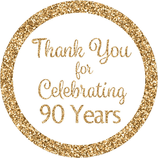 White and Gold 90th Birthday Thank You Stickers, 1.75 in - 40 Labels, 90th Birthday Decorations