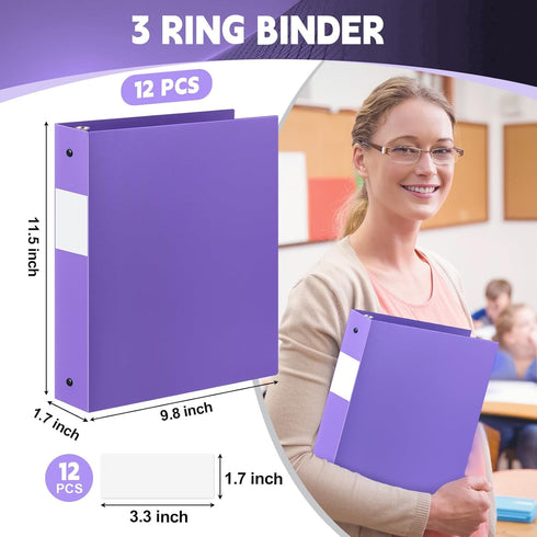 Henoyso 12 Pcs 1.5 Inch Plastic Binder, Flexible 3 Ring Binders Bulk, Holds up to 8.5 x 11 Inch Paper, Purple