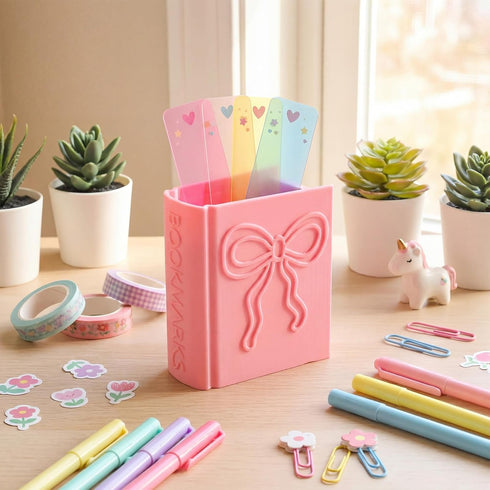 ForraFun 3D Printed Book Shaped Bookmark Holder Book Lover Gift Pink Bow Bookmark Holder Office Desk Supplies Funny