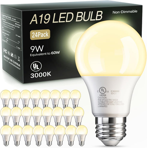 TJOY 24 Pack A19 LED Light Bulbs Warm White 3000K, 60 Watt
