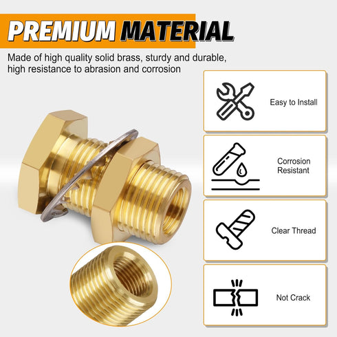 KOOTNAS 2-Pack Solid Brass Bulkhead Fittings, 1/4 NPT Taper Female, 3/4" Straight Male Thread Connector for Water Tank