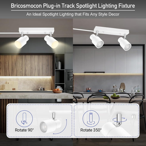 2-Light 2 Kitchen/Bedroom,Bulb Plug in Track Lighting Fixtures Ceiling, White Track Light LED, Track Lights with Cord