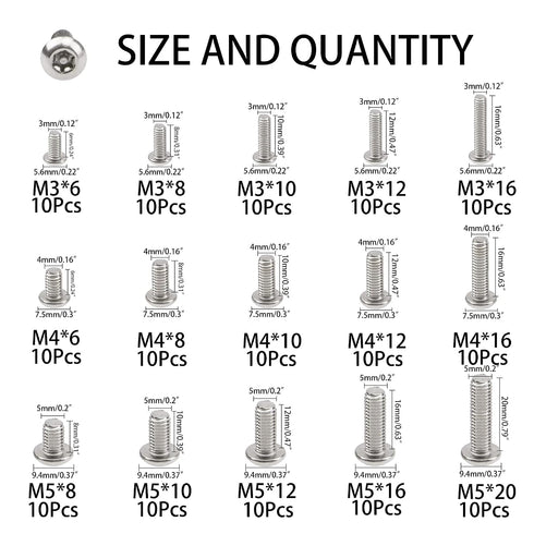Rrina 150Pcs 304 Set, M3 M4 M5 3 Wrench(T10 T20 T25) Stainless Steel Button Head Torx Security Screws Tamper Resistant