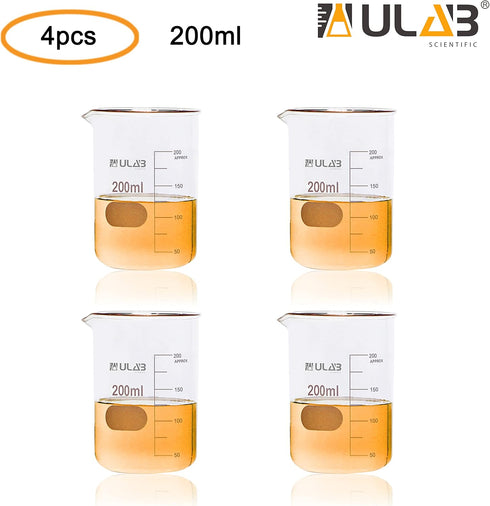 ULAB Scientific Glass Beakers, Vol. 200ml, 3.3 Borosilicate Griffin Low Form with Printed Graduation, Pack of 4, UBG1032