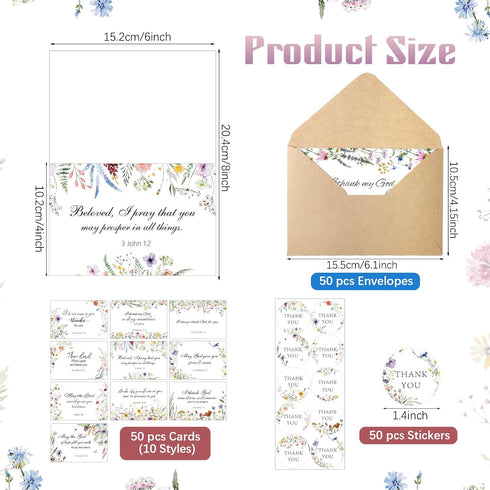 Affrolling 50 Pack 4x6 Inch, Spring Religious Christian Thank You Cards Bulk with Scripture Envelopes and Stickers