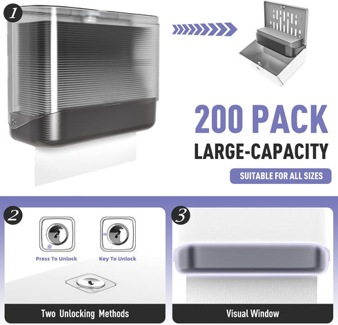 Commercial 200 Paper Towel Dispenser Wall Mount Paper Towel Holder Large Capacity Multifold/Trifold/C Fold Hand Towel