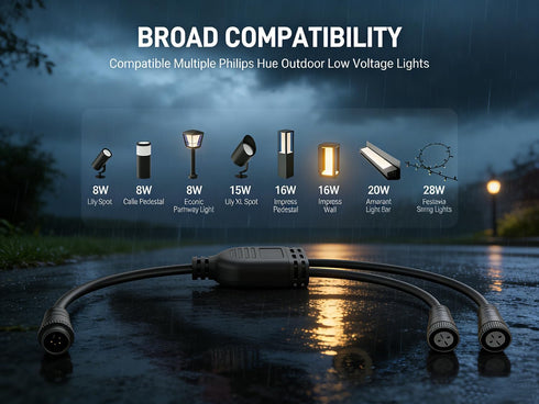 HUZUM Cable(2Pack) Setup, Black(1 2 Waterproof Connector Y Splitter Compatible with Philips Hue Outdoor Low Voltage