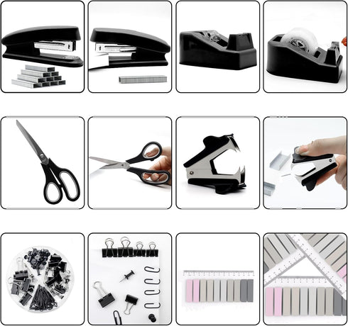 Black Desk Accessories, Stapler and Tape Dispenser Set, Black Office Supplies Kit, Gift for Students and Coworkers