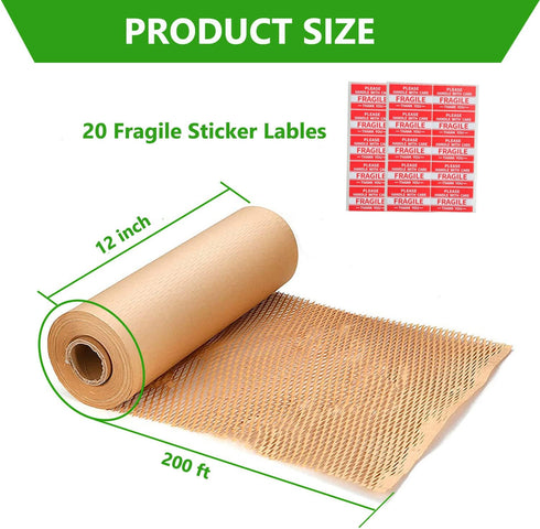 Honeycomb Packing Paper Wrap 12"x200' Recycled Bubble Cushioning Wrapp Roll Eco Friendly Shipping Moving Wrap Packing Supplies Material with 20 Fragile Sticker Labels