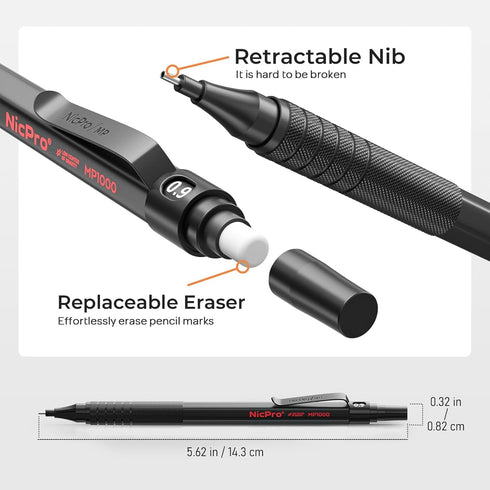 Nicpro 0.9 Metal Mechanical Pencil Set with Case, 3PCS Black Drafting Pencil, 8 Tubes HB Lead Refills, 3PCS Erasers