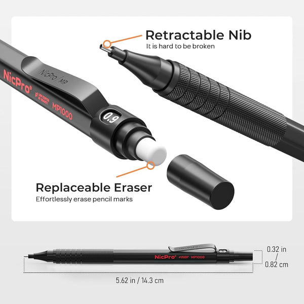 Nicpro 0.9 Metal Mechanical Pencil Set with Case, 3PCS Black Drafting Pencil, 8 Tubes HB Lead Refills, 3PCS Erasers