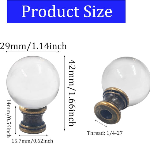 AUXBC 2PCS 1/4-27 Crystal Lamp Finials with Bronze Chrome Base, Thread Glass Ball Topper Decorative Cap for Table Floor