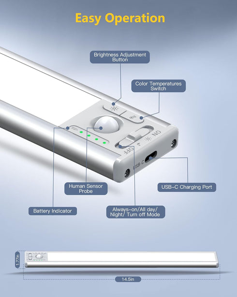 OTWKAY 14.5inch 3 2 Pack Dimmable Counter Closet Under Cabinet Lighting with Color Temps, Rechargeable Motion Sensor