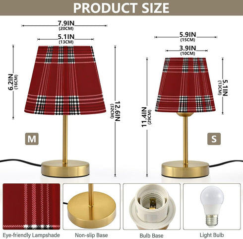 Dimmable ALAZA Table Lamp for Bedroom Nightstand Red Tartan Buffalo Plaid Checkered Bedside Lamp with USB Port Fabric
