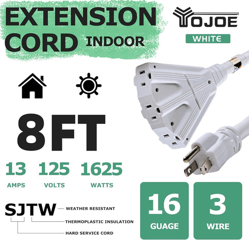 YOJOE White 8 ft Outdoor Extension Cord Multiple Outlets 3 Prong - 16/3 SJTW Waterproof Power Extension Cable