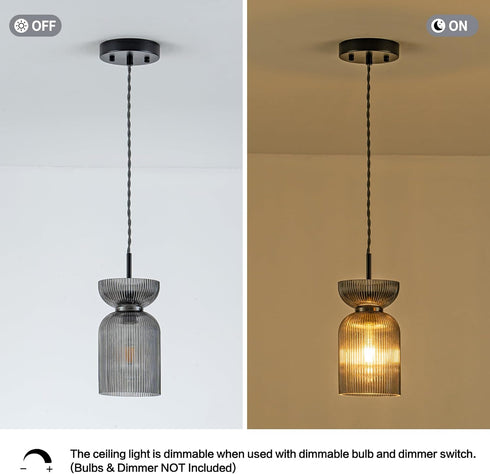 Gmrhndy E26 Glass Pendant Light, Ribbed Smoke Gray Glass Hanging Light with Adjustable Cord, Modern Pendant Light